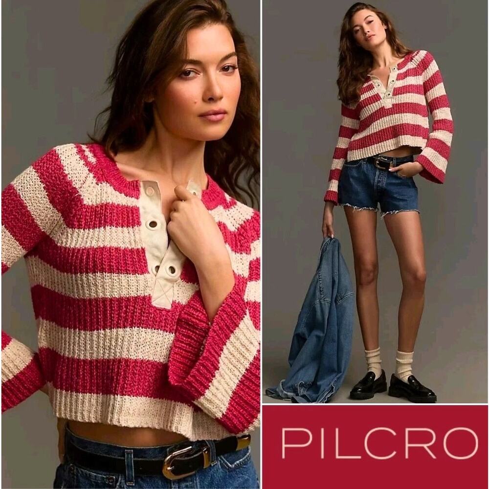 ANTHROPOLOGIE Pilcro Bell-Sleeve Henley Sweater Red & Cream Stripes V-Neck Sz S